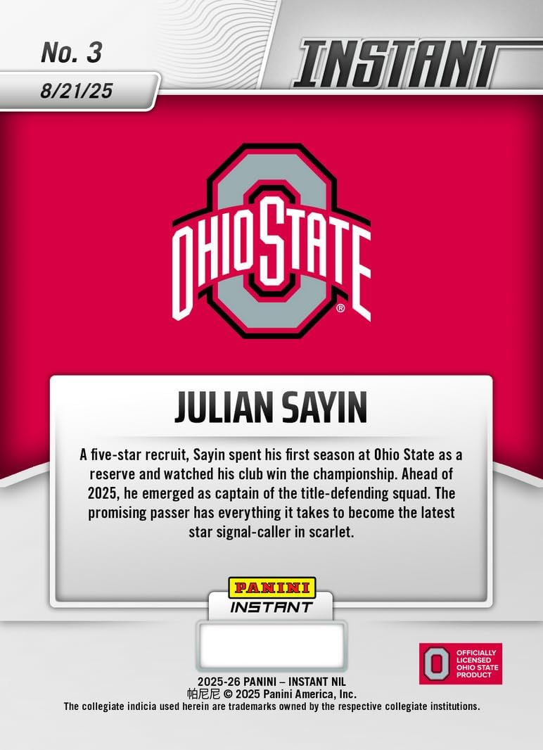 2025 Panini Instant NIL Julian Sayin #3 Just Sayin: Buckeyes Turn to Blue Chip QB Ohio State Buckeyes Rookie RC Football Card