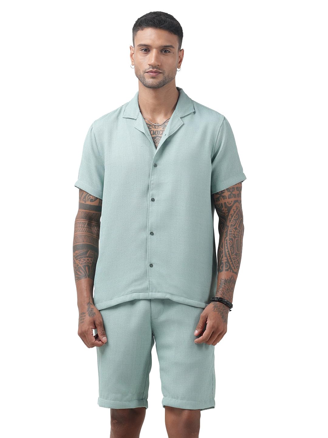 Men's Textured Sea Green Cuban Collar Shirt & Shorts Co-ord Set-RONG-4784_SeaGreen-image-1