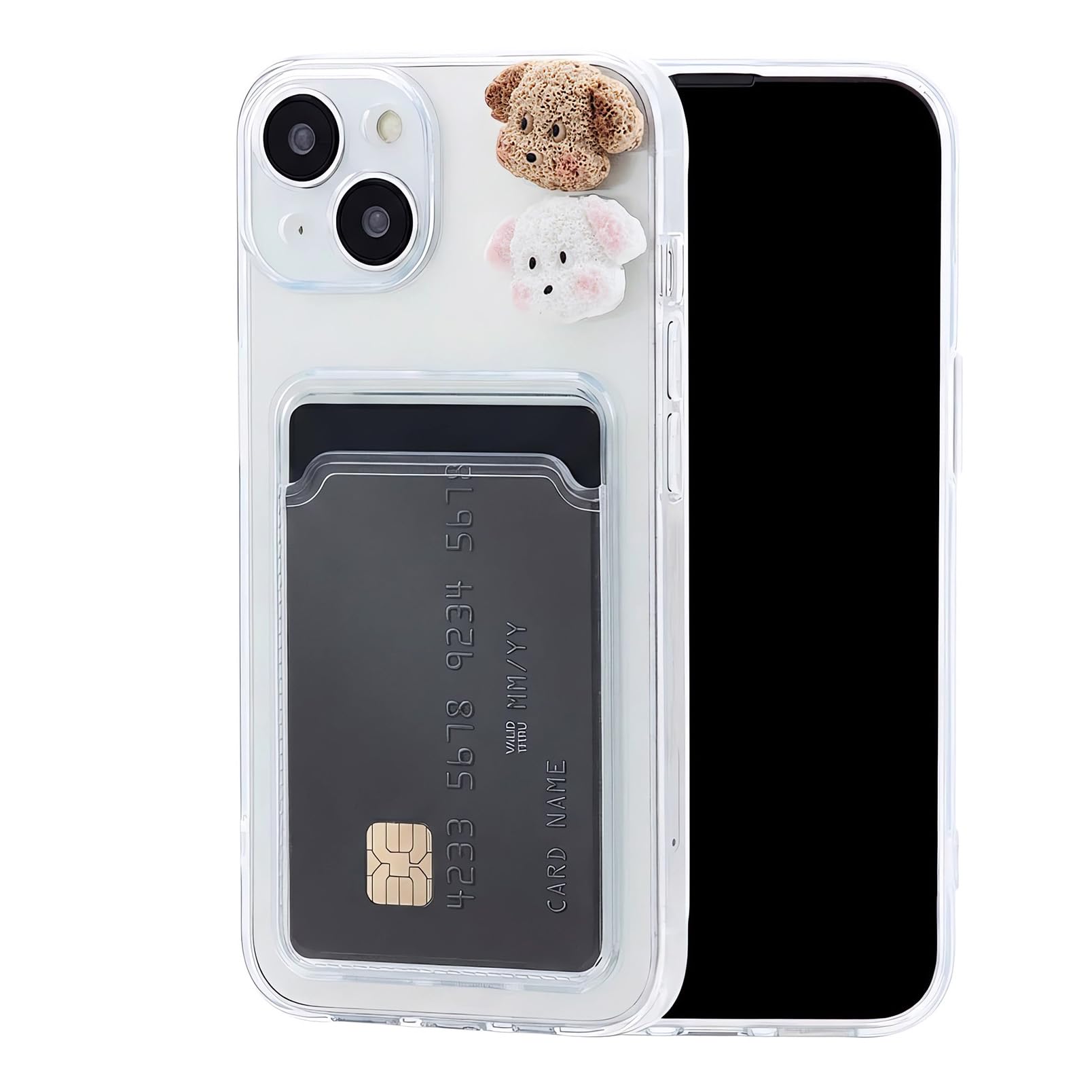 Chengyuanfeng Cover Trasparente per iPhone 13 con Porta Carte, Custodia Ultra-Sottile 1,5 mm in TPU Antigiallo Antiurto, Minimalista con 3D Cagnolino Applicato a Mano, per Viaggi, Serate e Caffè