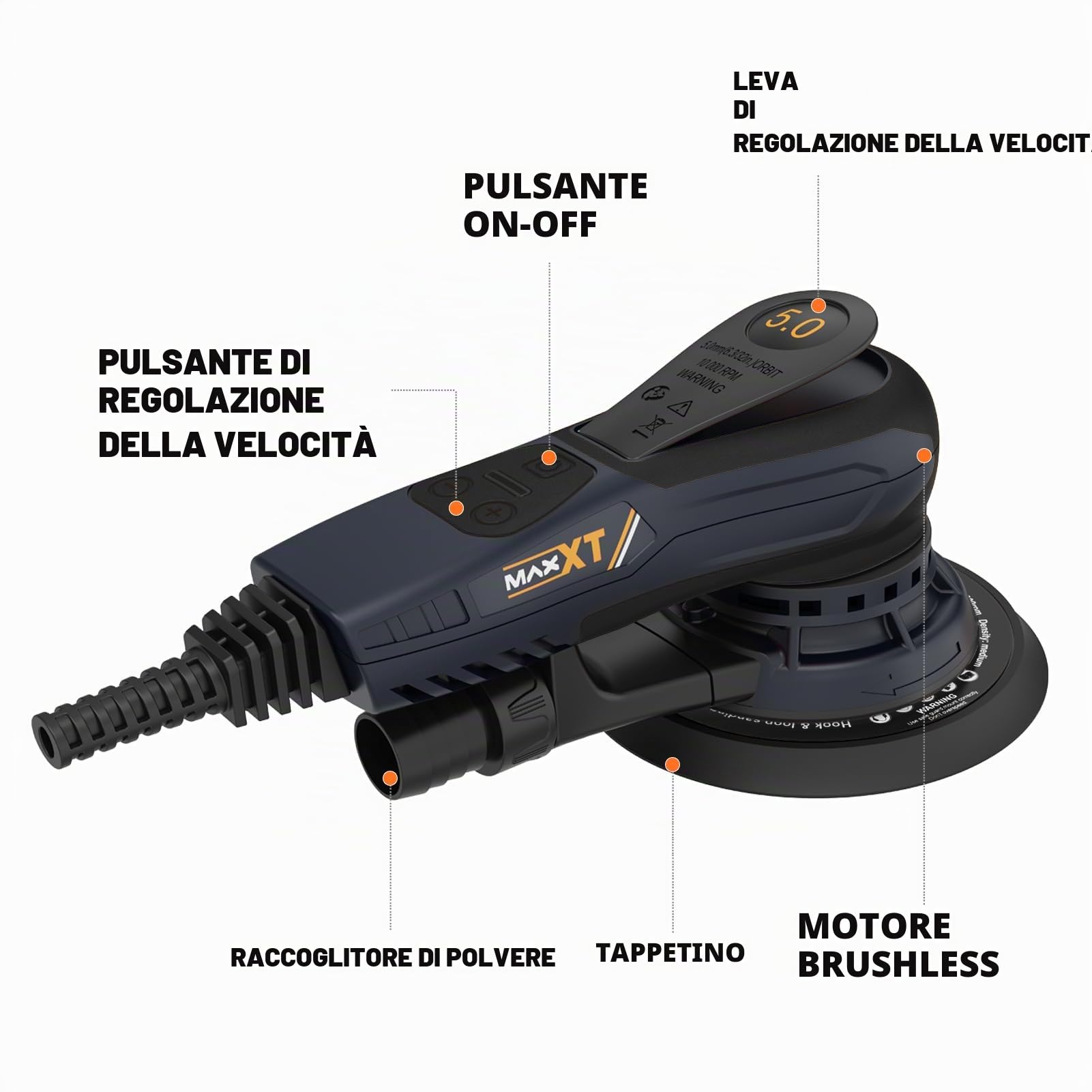Smerigliatrice elettrica MAXXT senza spazzole da 350 W - Levigatrice orbitale 5.0 con dischi da 150 e 125 mm, attacco a tre punti, 4000-10000 giri/min (6 livelli), con 20 fogli