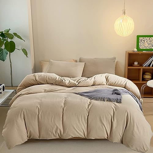 CLOTHKNOW Juego de edredón color champán, juego de ropa de cama tamaño King, color beige, edredón de color marrón claro, juego de ropa de cama de 3