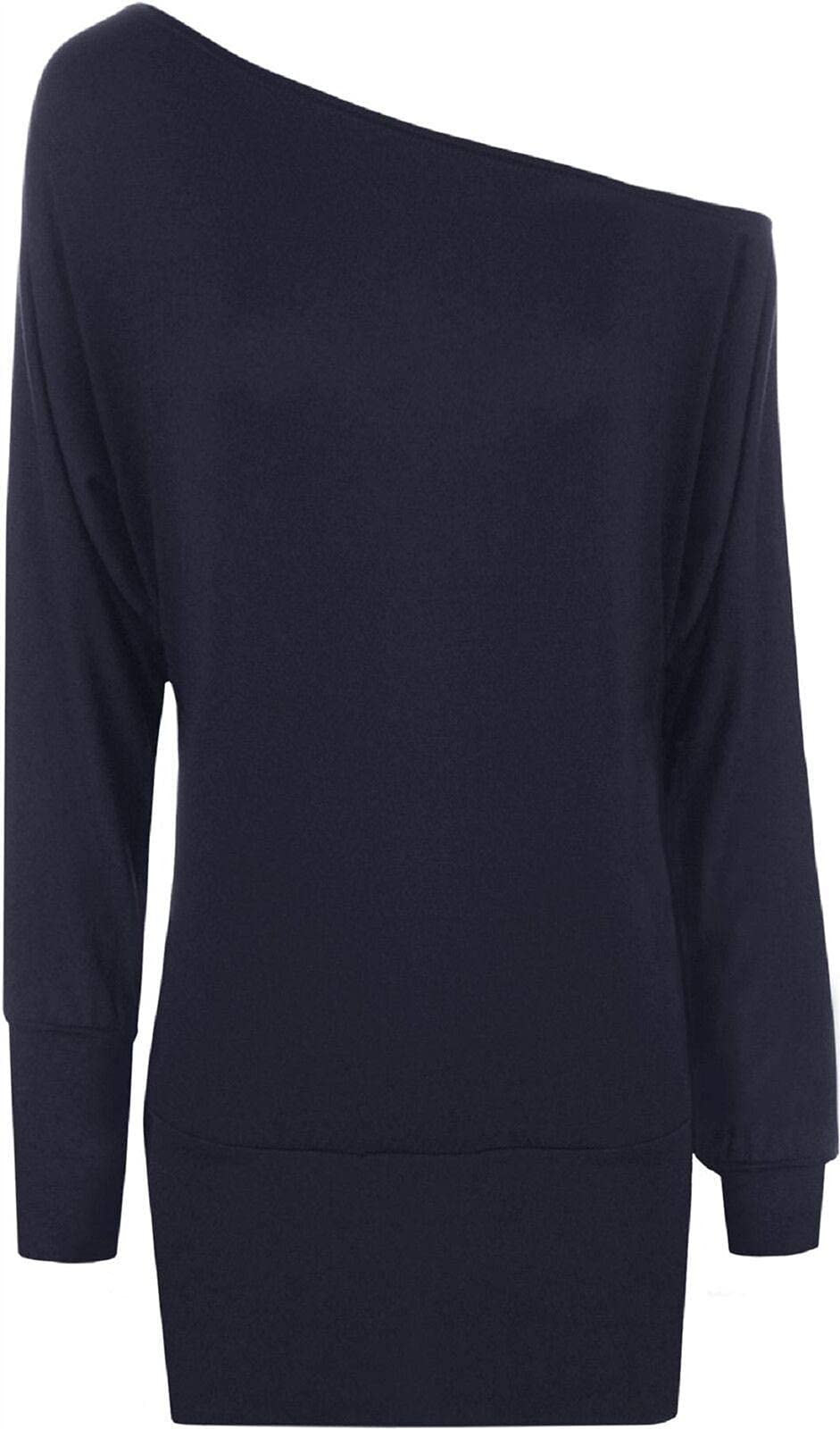 Fairy Trendz Ltd Women's Navy Long Sleeve One Off Shoulder Plain Baggy Batwing Top Party Wear Shirt ( Uk 20-22)