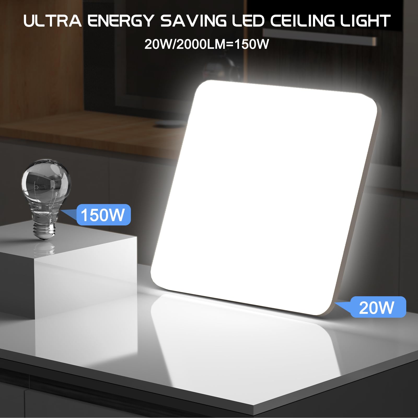 Plafoniera LED Soffitto Quadrata 20W, Lampada da Soffitto Moderno 6500K 2000LM Plafoniera Bagno IP44 Impermeabile Lampadario LED Luce Soffitto per Ufficio, Camera da Letto, Cucina, Soggiorno, Balcone