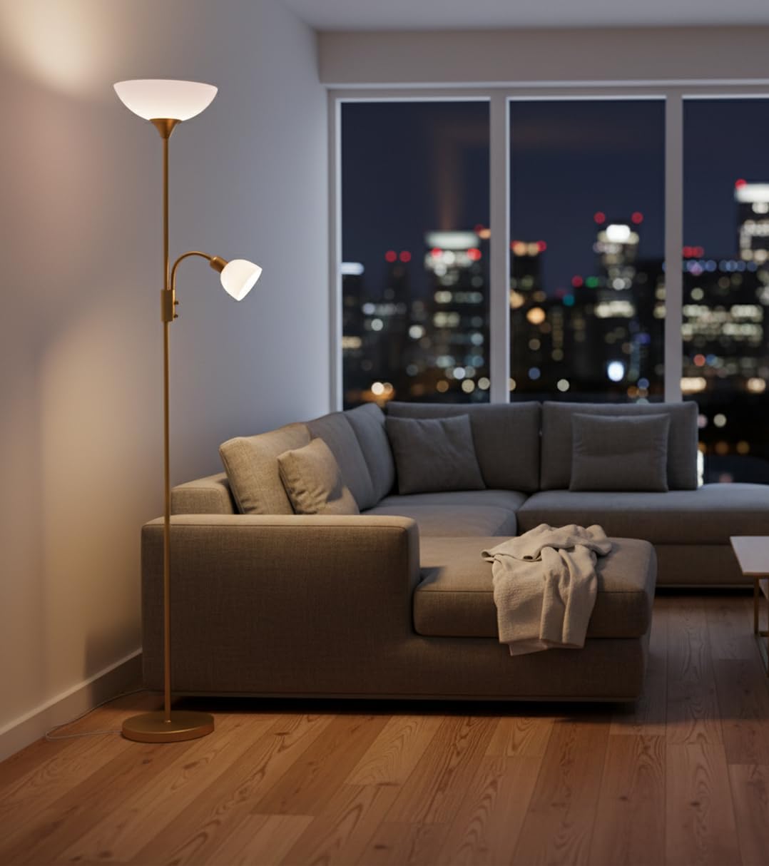 BEL AIR HOME - Lámpara de Pie TORINO - 179cm Metal y Policarbonato con Brazo Lector Orientable Doble Casquillo E27 y E14 Cable Tipo C para Salón y Lectura (ORO)