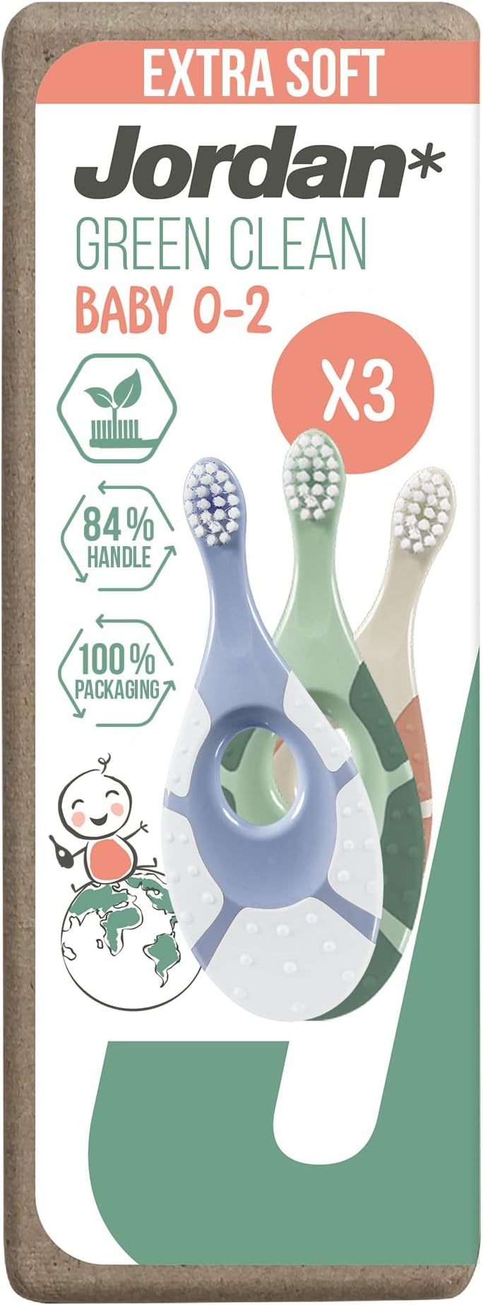 Jordan ® | Step 1 Green Clean Toddler Toothbrush | Sustainable Baby Toothbrush 0-2 Years | Bio Based Extra Soft bristles, 84% Recycled Handle, Soft Biting Ring | Mixed Colors | Pack of 3