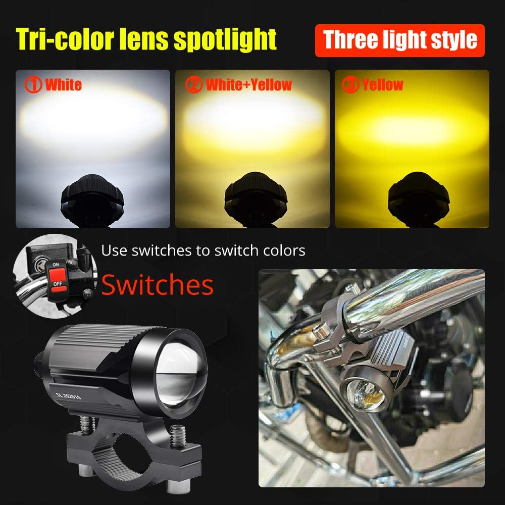 Motorcycle Driving Lights 15 Watts Double Color Light White/Amber 3 Modes Hi/Lo Beam Sport Light with Lens Waterproof for Cars ATV Bike UTV Truck Boat 12V/24V.(1-Pack).
