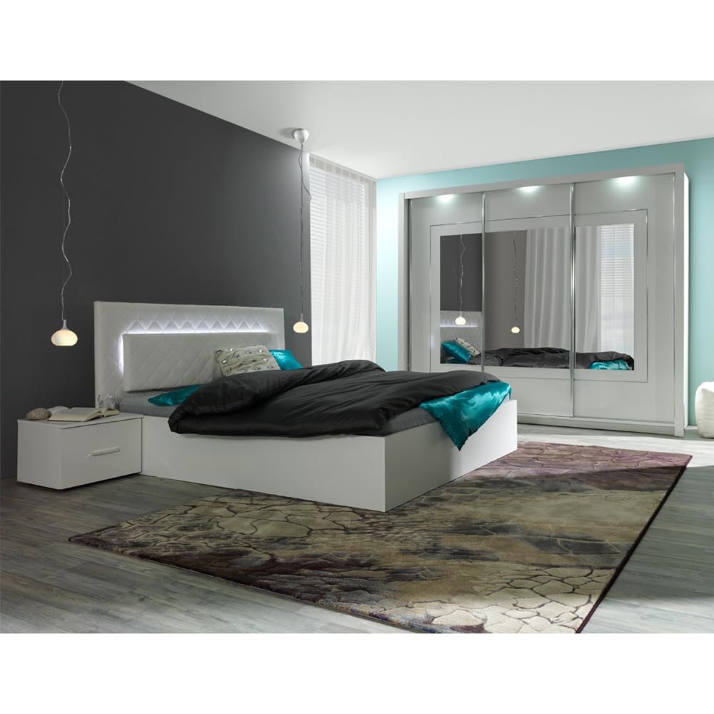 Lomadox Schlafzimmer Set 4-teilig mit Bett 180x200cm, 2 Nachttische, Schwebetürenschrank 258cm in weiß Hochglanz