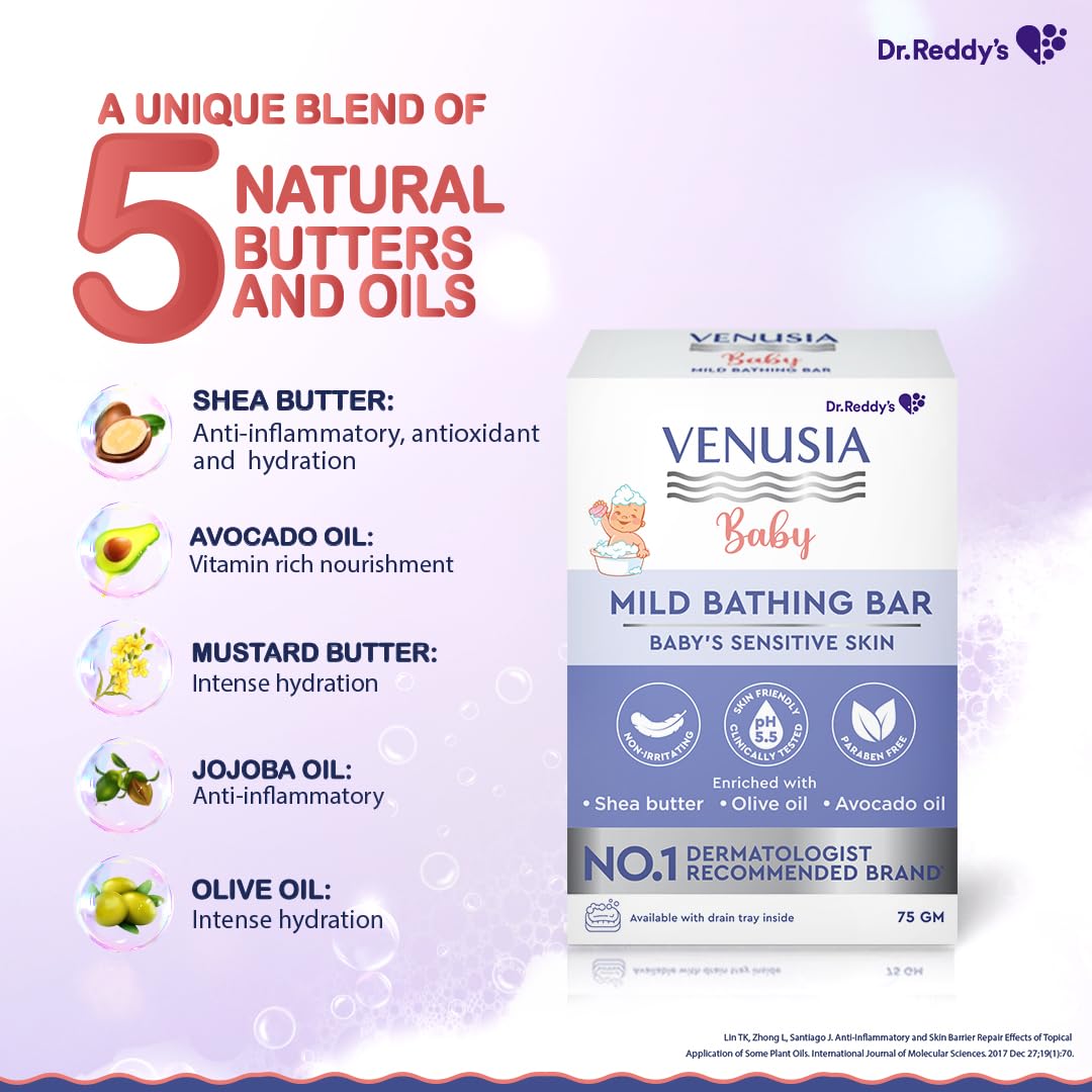 Venusia Baby Mild Bathing Bar | Non-irritating, pH 5.5 and Paraben Free | Enriched with Shea Butter, Olive Oil and Avocado Oil| Dermatologist recommended no 1 brand | 75g 3