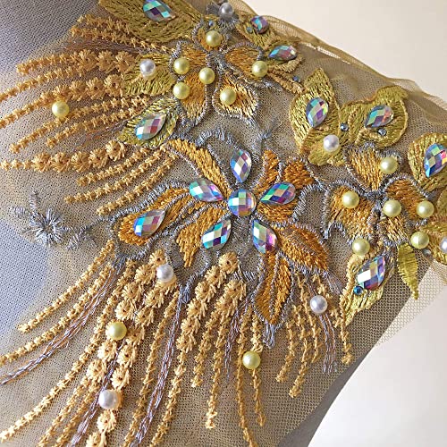 Mirror Pair Beaded Floral Lace Applique Colorful Rhinestones Jewelry Motif Embroidery Shoulder Patch For Party Costumes Dance Dress Gold #TOP1