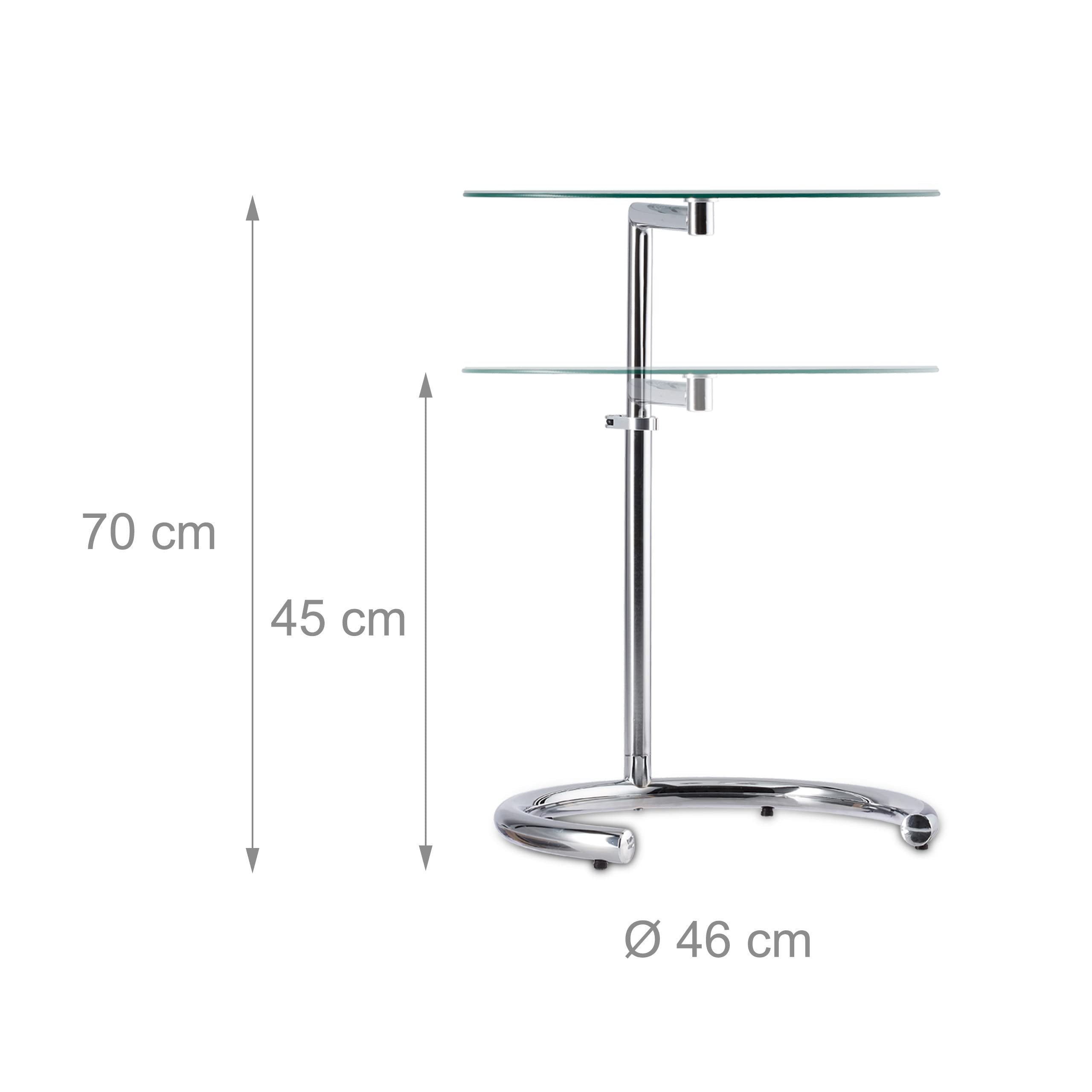 Relaxdays Tavolino Caffè Altezza Regolabile fino a 70 cm, Tavolo Piccolo per Salotto, Acciaio Cromato, Ripiano in Vetro, Ø 46 cm, Argento