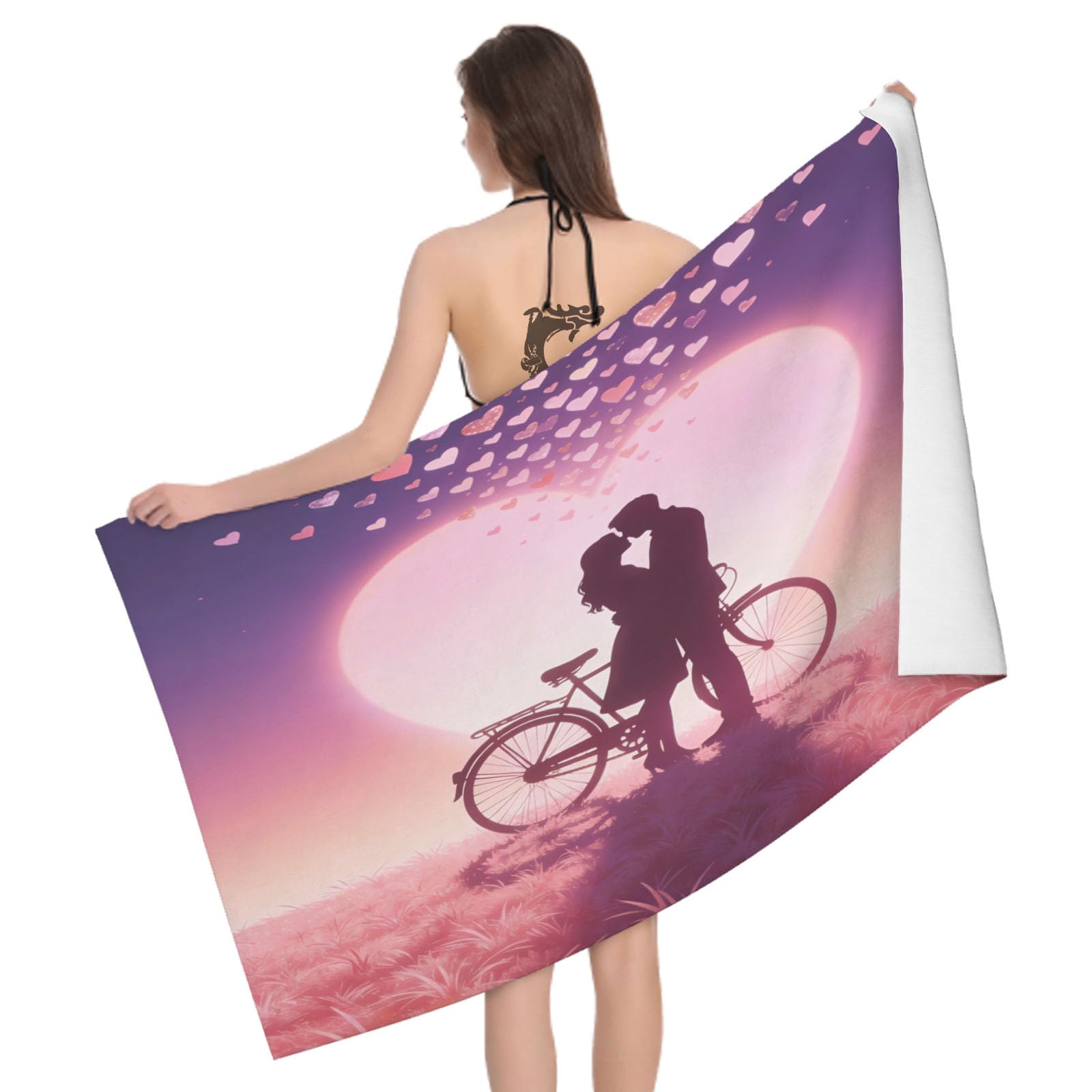 Leichong 3D Couple Silhouette Beach Towel Large Microfiber Soft Quick Dry for Adults, Bicycles Bath Towel Lightweight Soft Absorbent for Travel Swimming Pool Sports, 80 x 160 cm