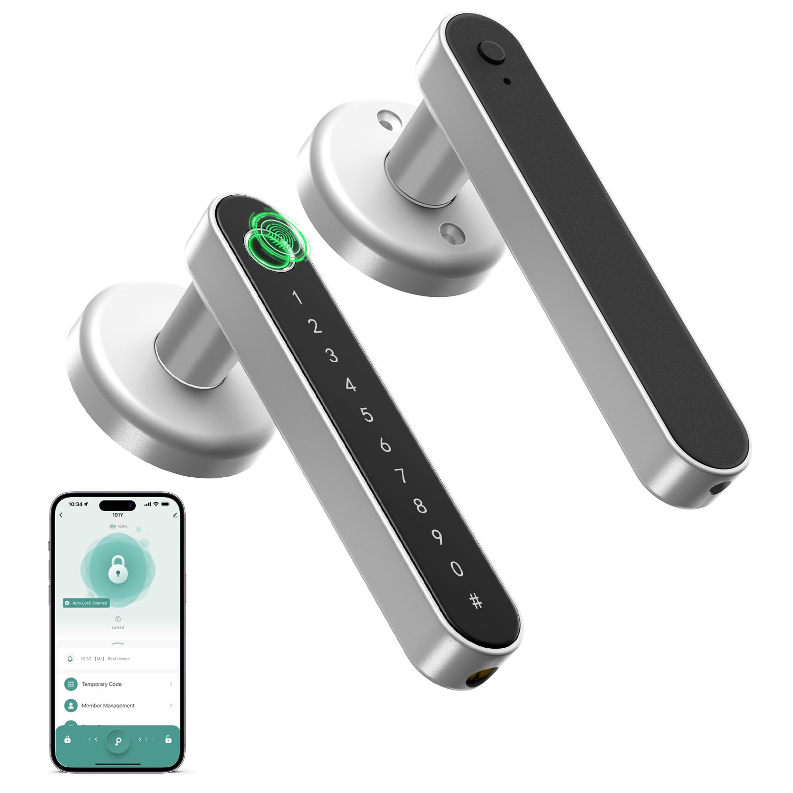 IRONZON Fingerprint Door Handle for Bedrooms - 190Y 4-in-1 Fingerprint Door Lock with Keypad and App Control, Smart Knob for Bedroom with Key, Keyless Entry Door Handle - Silver