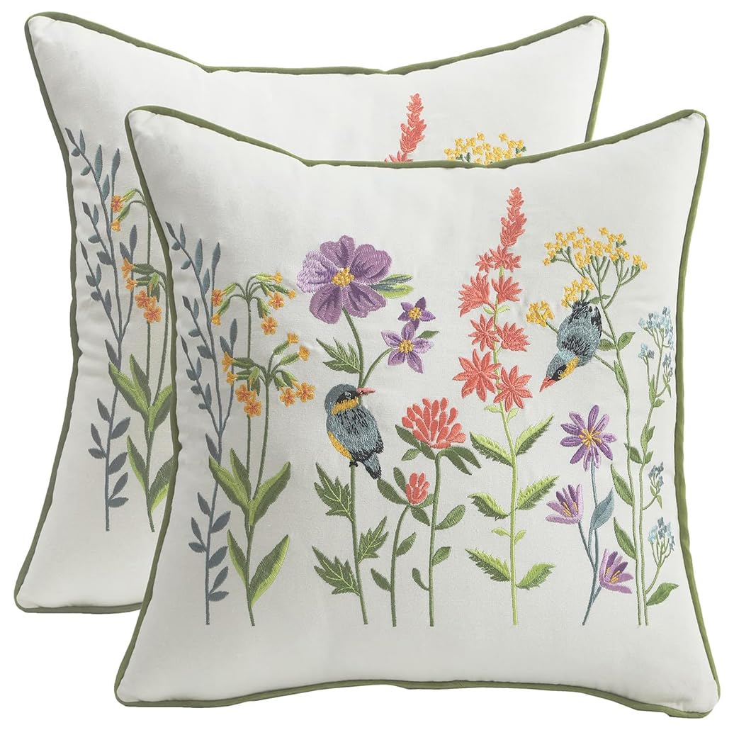 Tosleo Embroidered Throw Pillow Covers 16 x 16 inch Pack of 2 Vintage Birds with Flowers Farmhouse Pillow Cushion Cases Spring Decorative Pillowcases