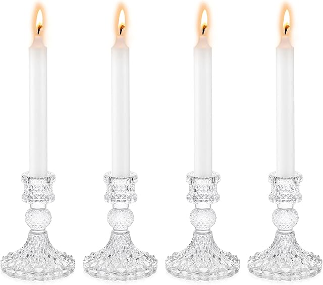 Sziqiqi Glass Candlestick Holders Set of 4, Clear Glass Taper Candle Holder, Elegant Crystal Candle Holders for Table Centrepieces for Dining Living Room Wedding Party