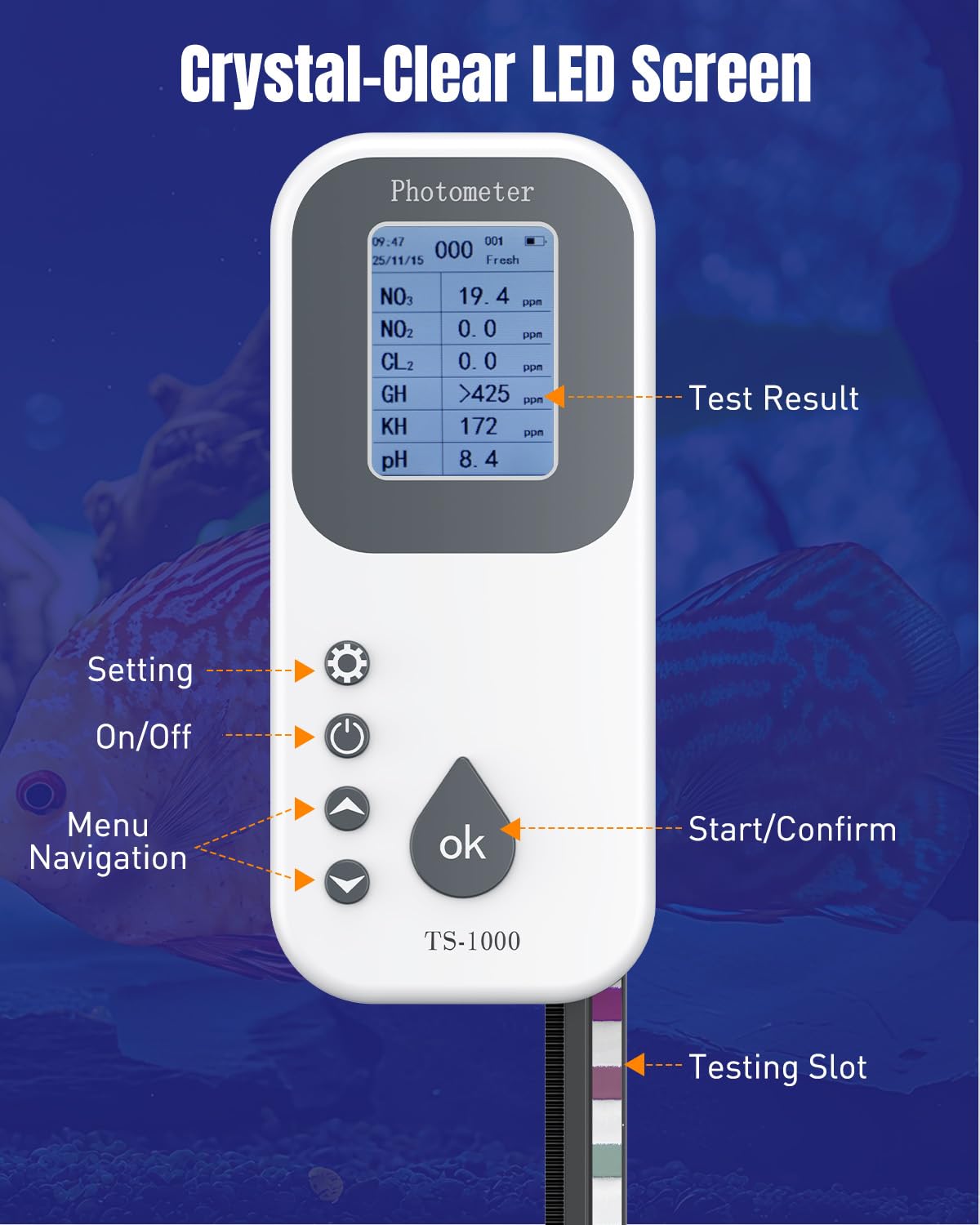 Pawfly 6 in 1 Digital Water Testing Kit, 50 Strips Fresh/Salt Aquarium Water Test Kit, Fish Tank Water Testing Kit, Digital Water Tester for pH, Nitrate, Nitrite, Chlorine, Total Hardness & Carbonate - image 5