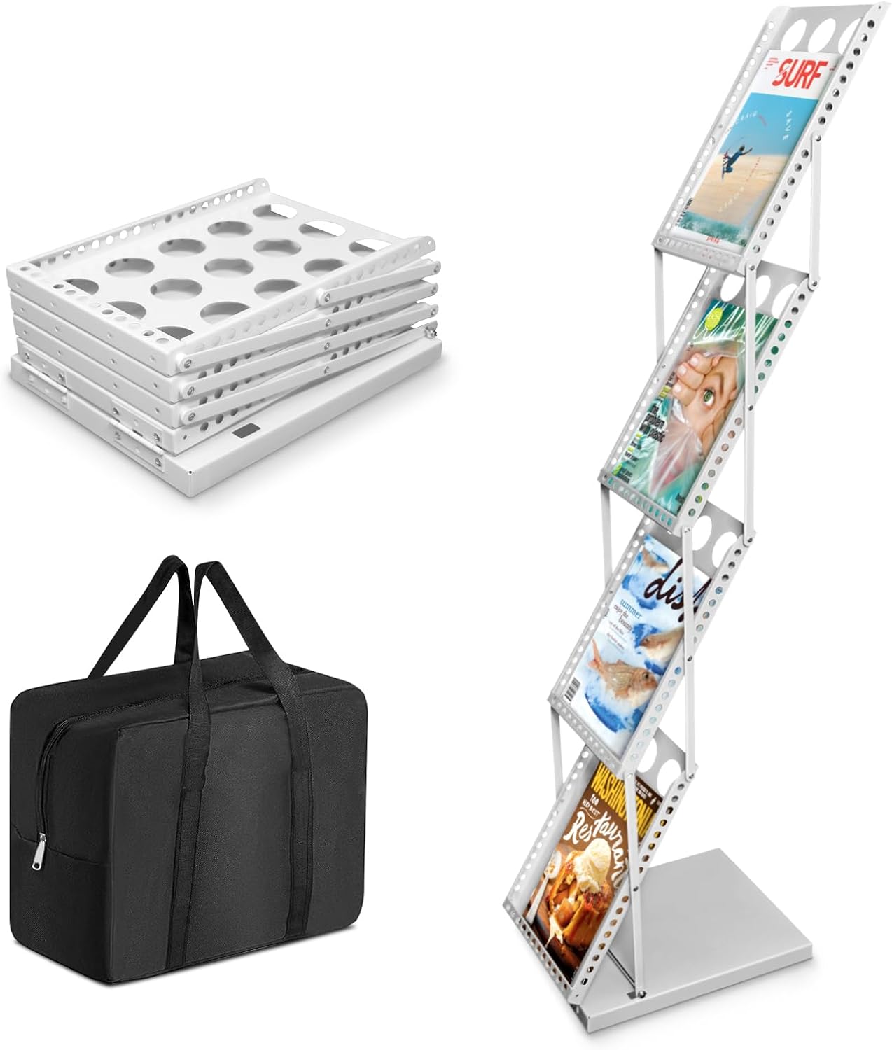 Foldable Magazine Rack with 4 Pockets, Portable Brochure & Literature Display Stand for Office, Trade Shows and Exhibitions, Includes Carrying Bag, White