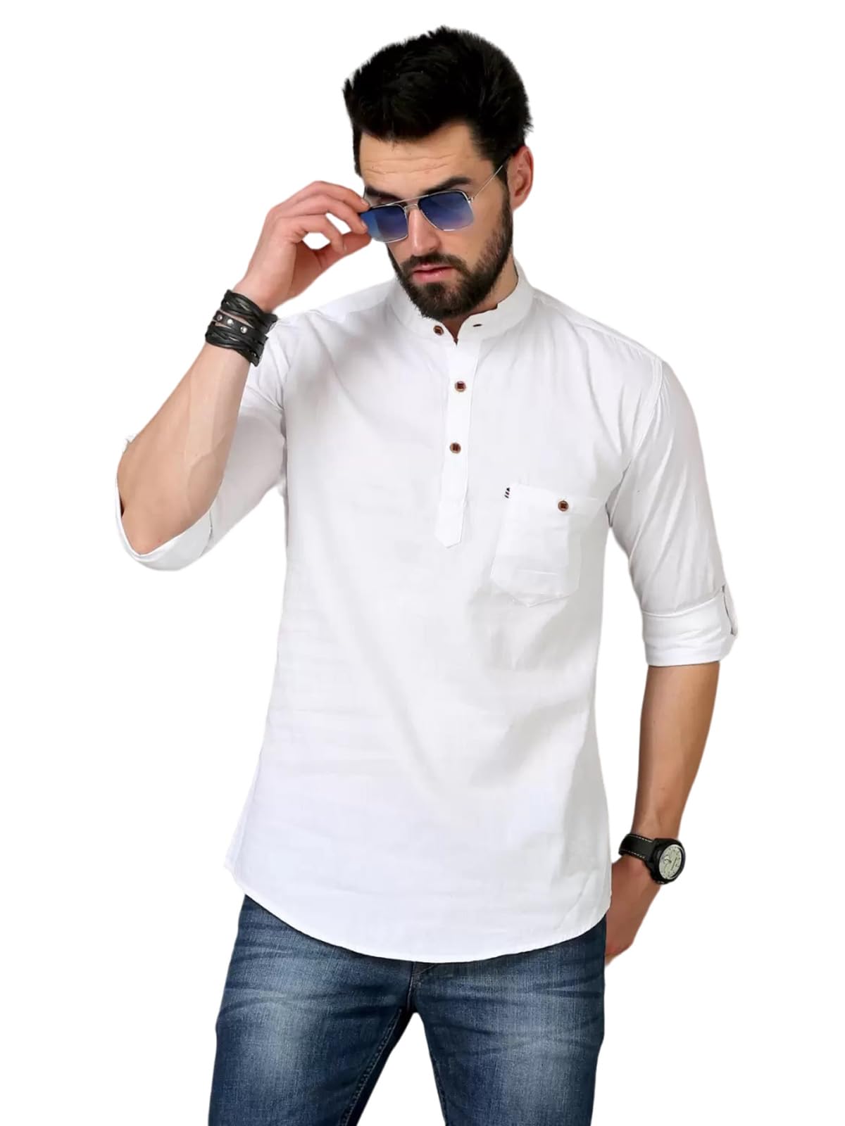 deemoon Men's Cotton Blend Full Sleeve Short Kurta with Mandarin Collar Crafted from a Premium Cotton Blend-picture-46