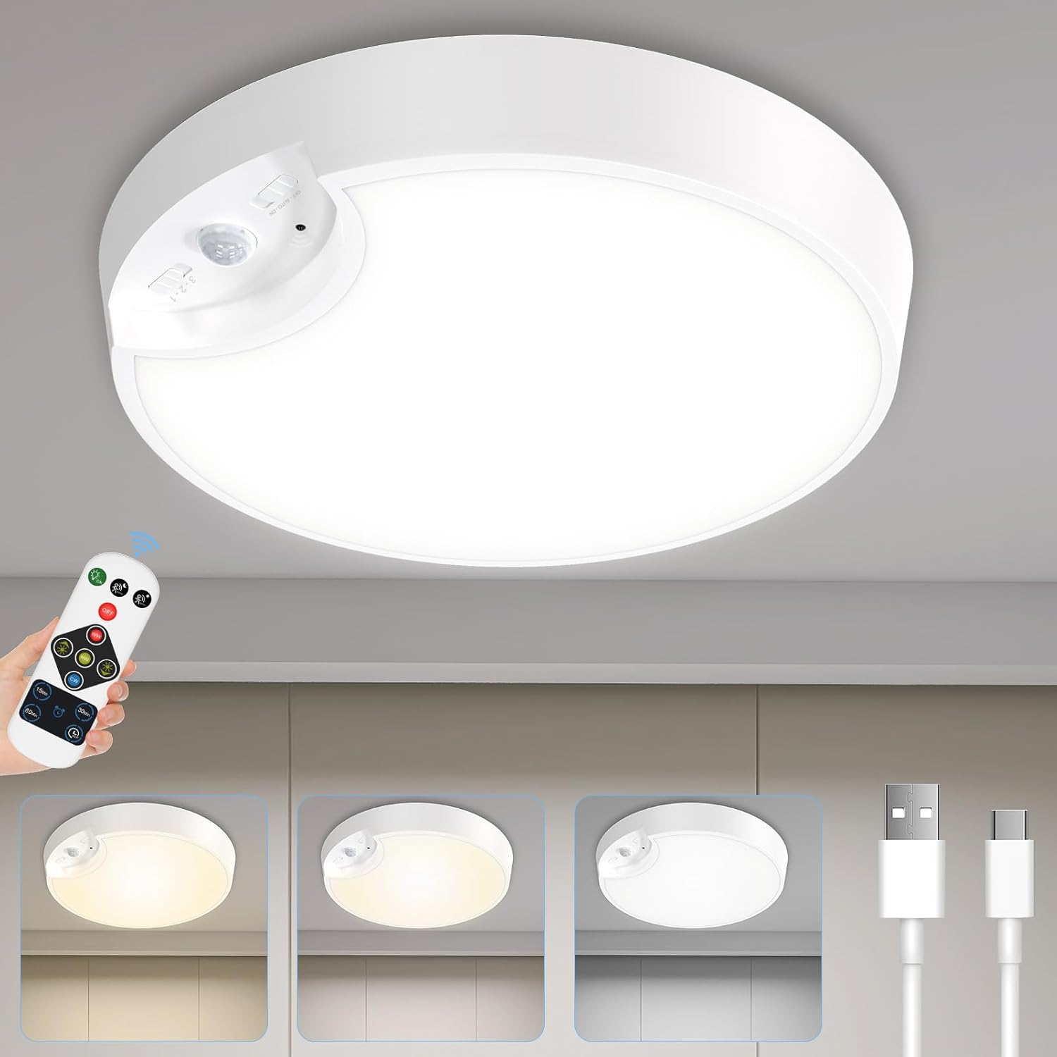 Motion Sensor Light Indoor - 3 Colors Battery Operated Wireless Ceiling Lights, 400LM Closet Lights Motion Sensored for Closet Stairs Bathroom Hallway Garage Porch Kitchen