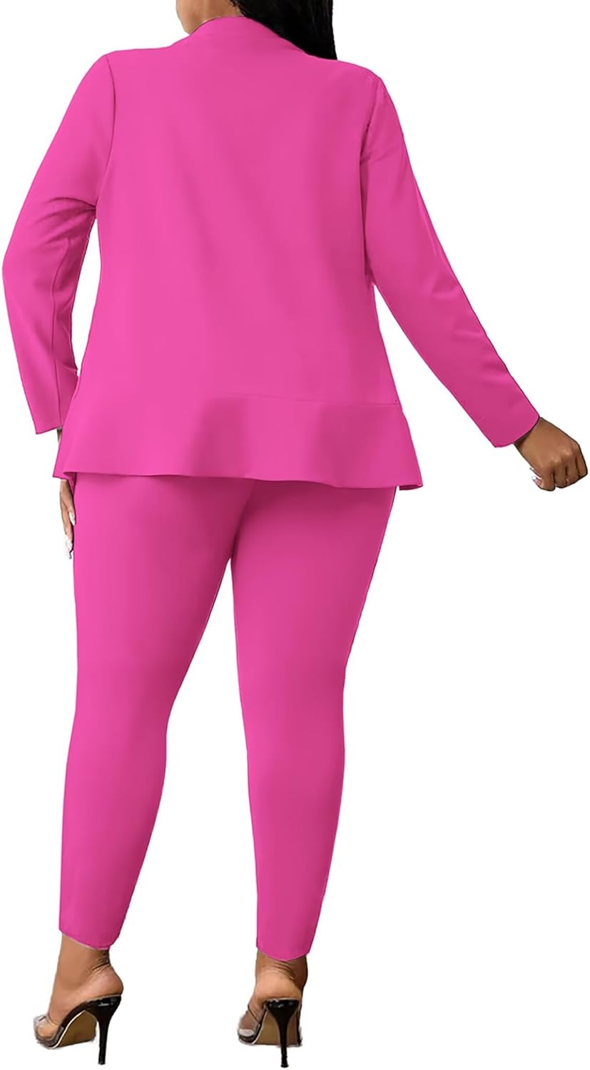Aro Lora Womens Plus Size 2 Piece Outfits Pantsuits Long Sleeve Ruffle Irregular Hem Open Front Blazer Pant Set - Image 4