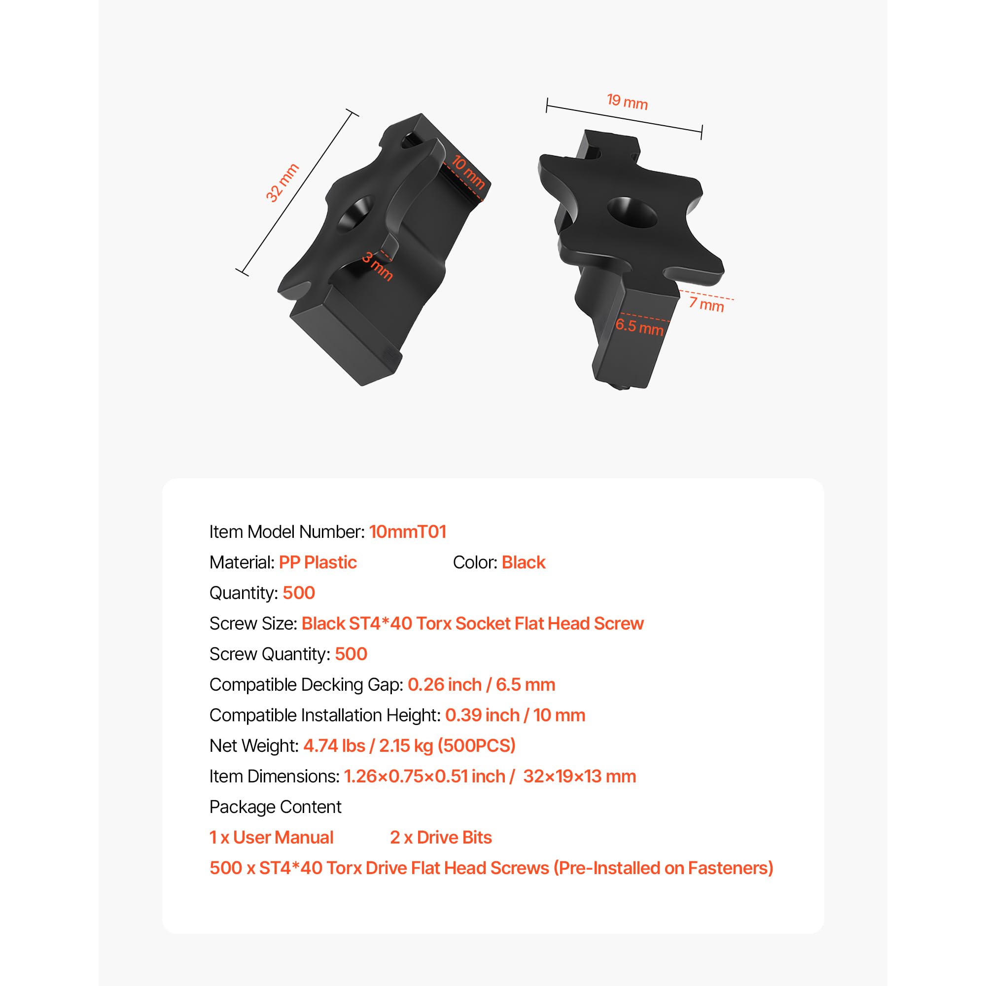 VEVOR Fixation Invisible pour Lame de Terrasse Composite, 500 PCS, Clips T Fixation Cachée en Plastique PP avec Vis Métalliques, Compatible avec Lames de Terrasse d'Écart 6,5 mm et de Hauteur 10 mm