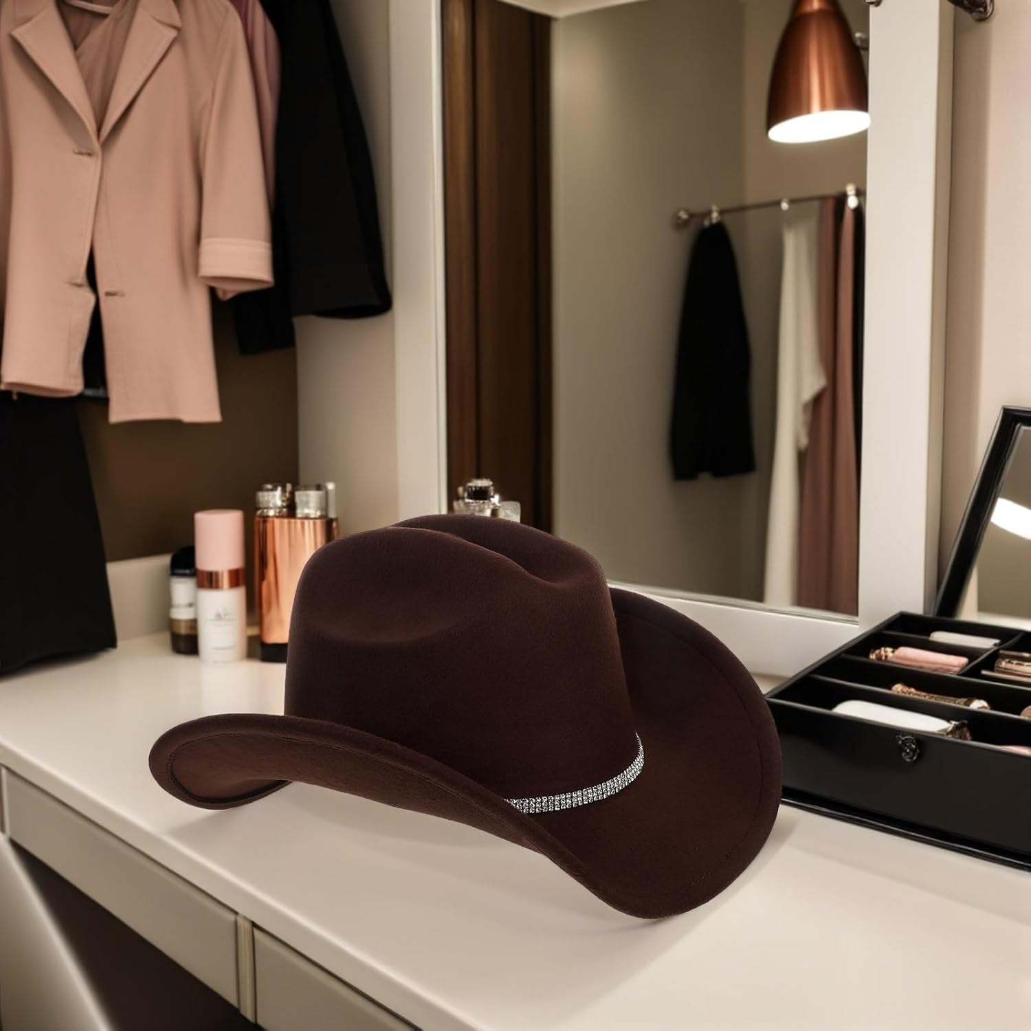 Gadpiparty Stylish Brown Felt Western Cowgirl Hat for Women and Men with Rhinestone Trim, Breathable and Resists Deformation, Wide Brim Cowboy Hat for Themed Events and Celebrations