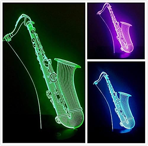 Saxofón 3D Luz de Noche Noche de Música Nota 7 Cambio de Color LED Lámpara de Mesa de Acrílico Plano ABS Base USB Cargador de Casa Decoración de
