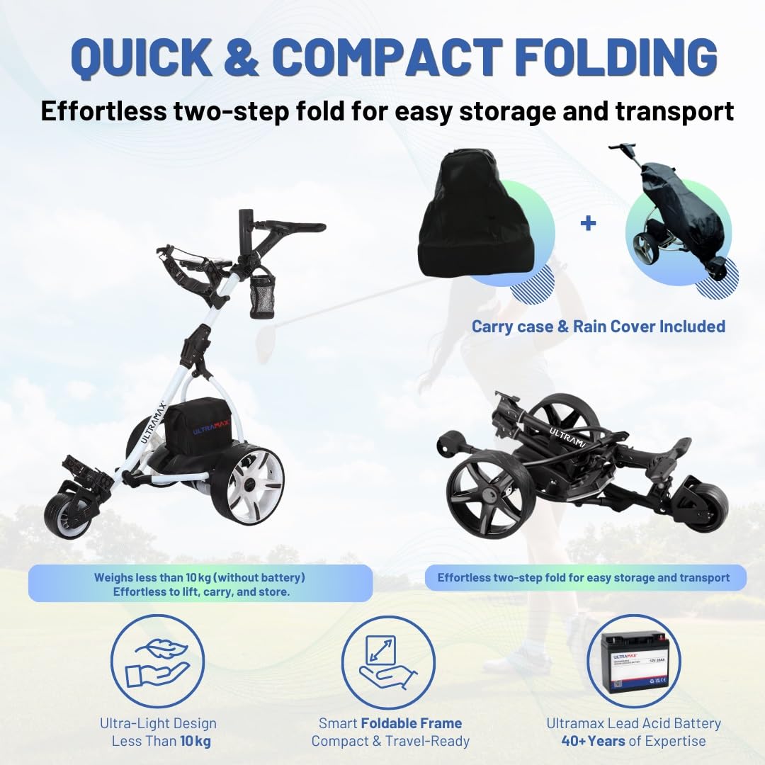 Ultramax Elektrischer Golftrolley mit Blei-Säure-Akku und Ladegerät | Gratis Zubehör | 9-Gang-Steuerung | Automatische Distanz | Leichtes Faltbares Aluminium