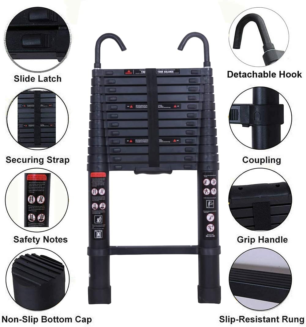 Faltbare Aluminium-Teleskopleiterverlängerung mit abnehmbarem Dachhaken EN131-Zertifikat Max. Belastung 150 kg/330 lb mit abnehmbarem Dachhaken 3,2 m/10,5 FT, Schwarz
