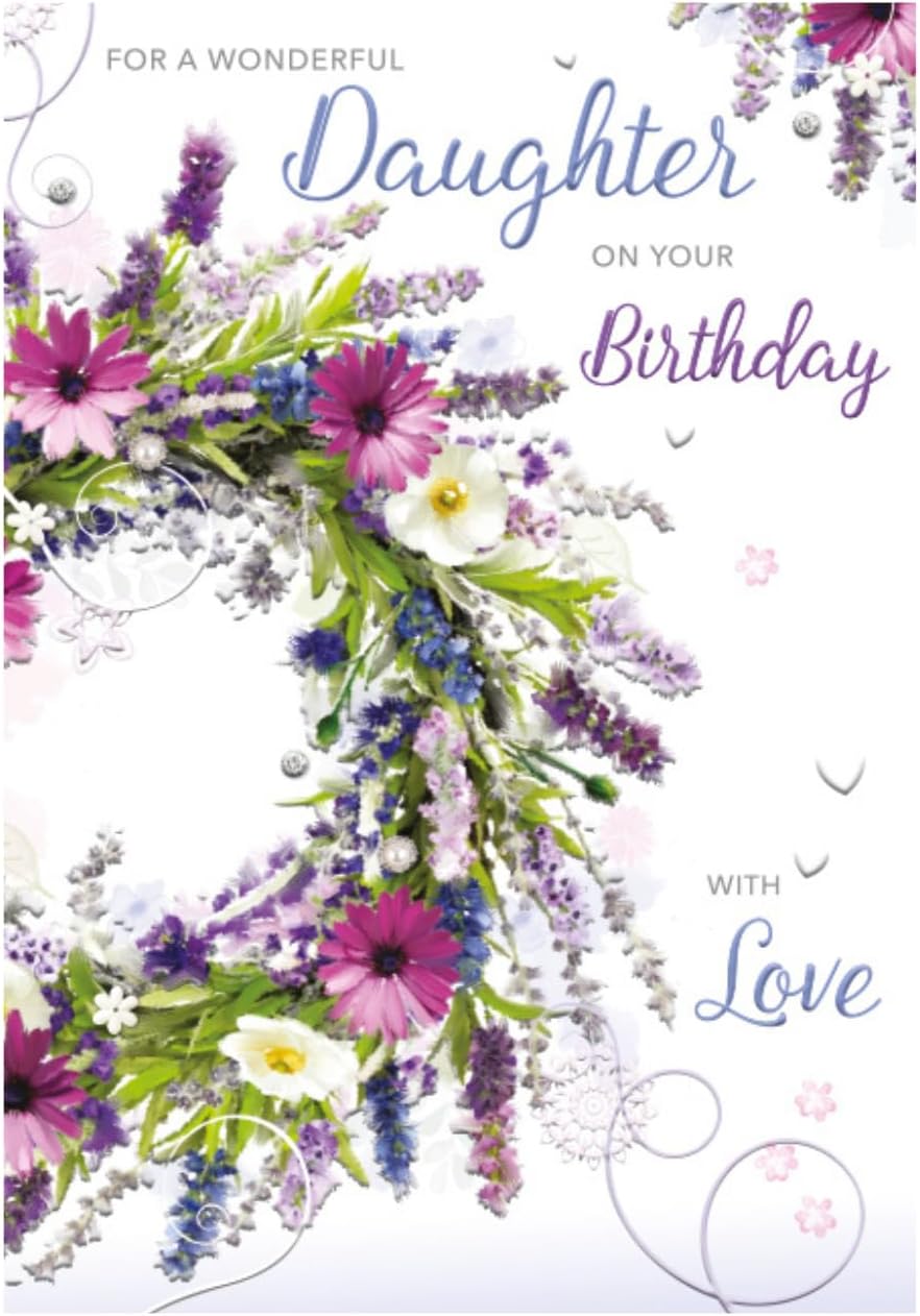 Artistic Traditional Wonderful Daughter Birthday Card - Jewelled Wildflower Wreath - Embossed Finish - Greeting Card for Her (WW-M054)