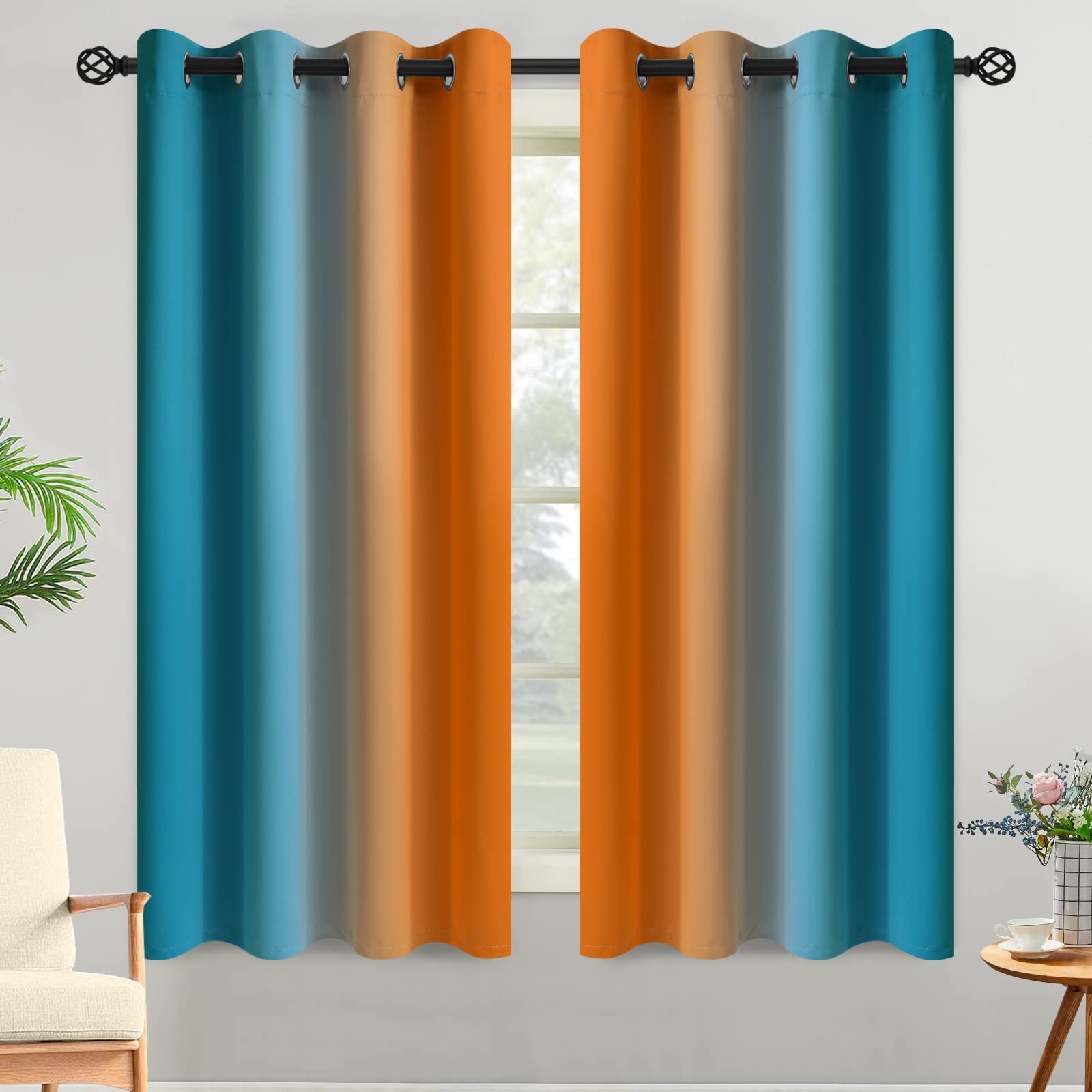 Yakamok Ombre Orange and Blue Curtains for Bedroom, Gradient Room Darkening Curtains, Grommet Thermal Insulated Light Blocking Window Drapes/Curtain for Living Room,52 x 63 Inch,2 Panels — image 1