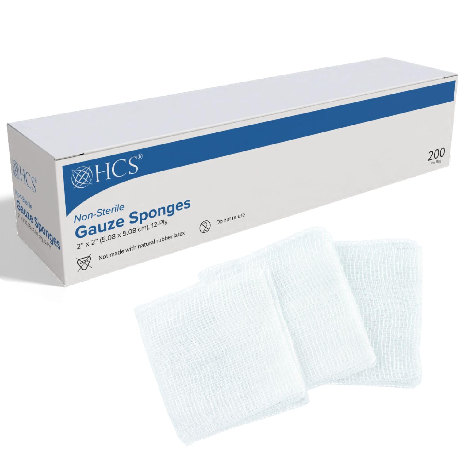 HCS 2x2 Gauze Sponges - Woven, Non-Sterile, 12-Ply (200-Count) - 100% Cotton, Absorbent, Low-Linting Design - Medical 2x2 Gauze Pads - Wound Care, First Aid, Surgical Use, Dental