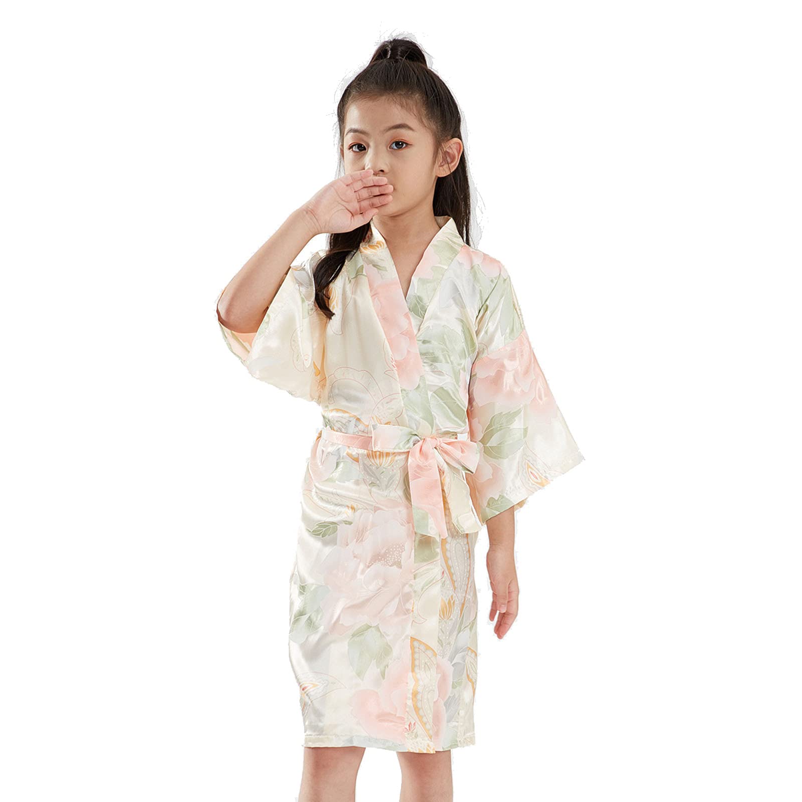 TOLLION Girls Satin Floral Kimono Robe Flower Girl Bathrobe Nightgown For Spa Party Wedding Birthday(Champagne Flowers,5-6 Years)