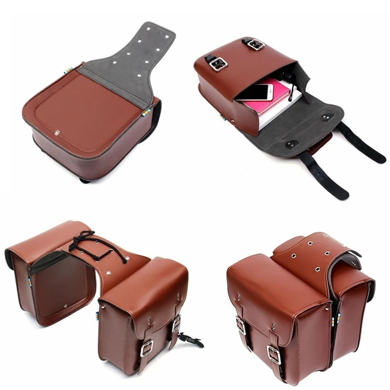 Sacoche Moto Sacoches De Moto en Cuir PU Pochette À Outils Latérale Gants Bagages Sacs Selle Vintage Marron Universel Sac Moto(1set Brown)