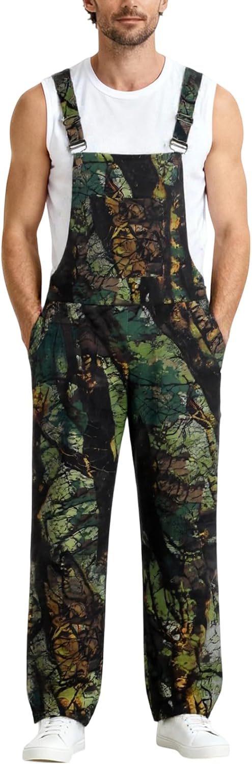 Camo Overalls for Adult Men Camo Bibs Camouflage Coveralls Outdoor Hunting Jumpsuit with Pockets Adjustable Straps