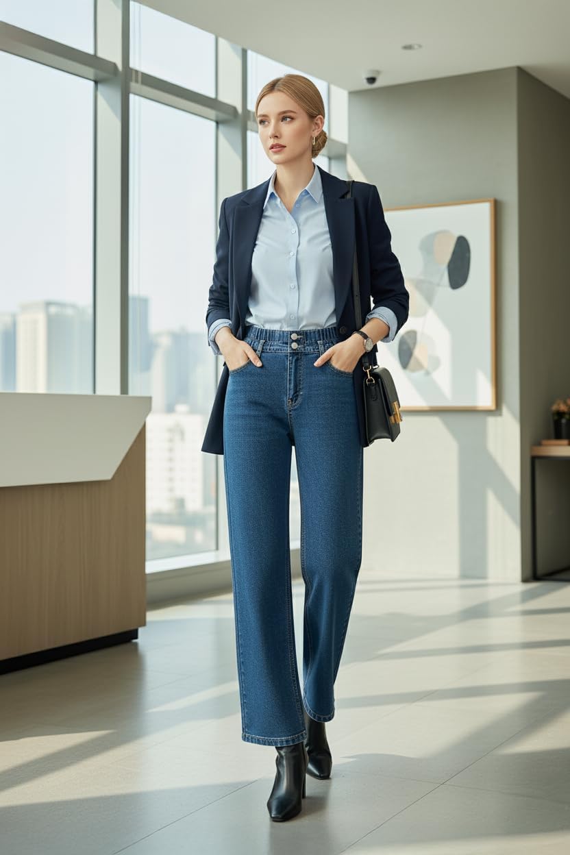 Astylish Women's Pull On Stretchy Elastic High Waisted Jeans Trendy Wide Leg Baggy Straight Trouser Jeans