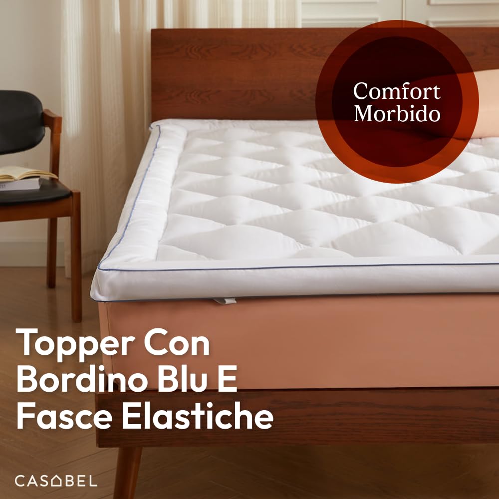 CASABEL Topper Matrimoniale 160x200, Coprimaterasso Matrimoniale imbottito in Microfibra 1000 GSM, Traspirante & Antiscivolo, con Angoli Elastici, Lavabile in Lavatrice