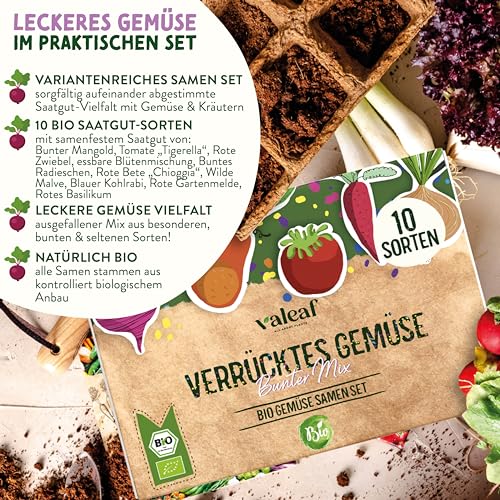 valeaf BIO Verrücktes Gemüse Samen Set I Saatgut Set mit besonderen Gemüsesamen I züchte buntes Gemüse I Mini Pflanzset I Crazy Veg I Gemüse Samen Set I Garten Anzuchtset Gemüsesamen Geschenk