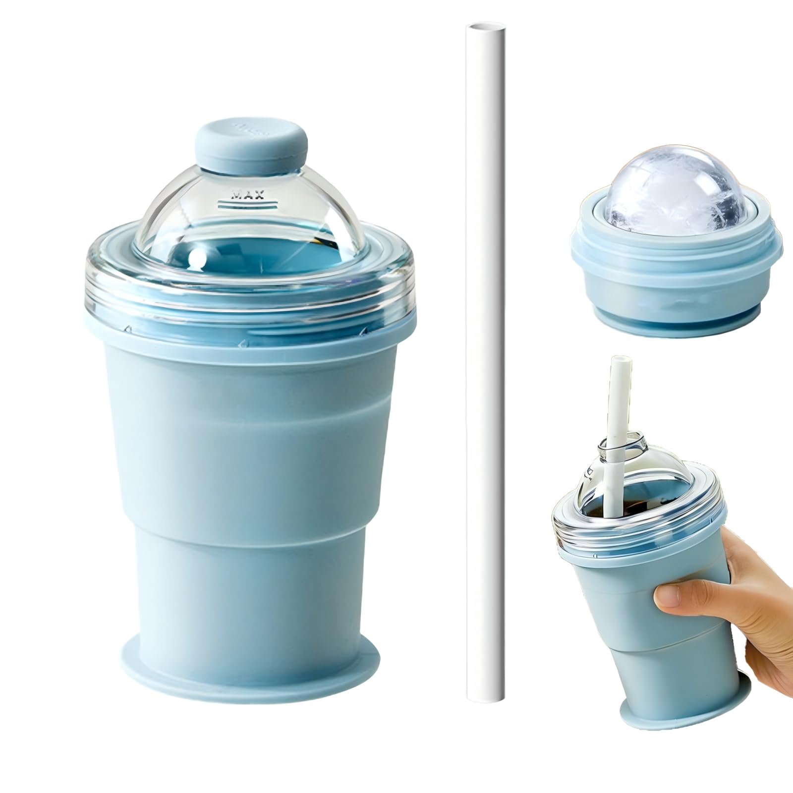 Collapsible Cup Silicone Folding Ice Hockey Cup 2 in 1 Ice Ball Maker with Straw Portable Foldable Leakproof Travel Tumbler for Coffee Camping Office Home (Blue)