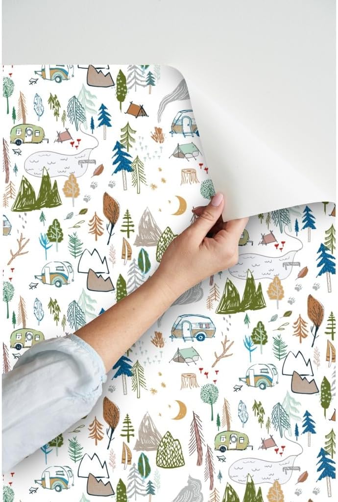 Peel & Stick Wallpaper 3ft x 2ft - Camper White Caravan Tent Mountain Forest Mushroom Summer Vacation Boy Bear Custom Removable Wallpaper by Spoonflower