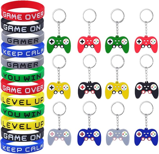 Yontree 48 Pcs Game Party Supplies, 24 Pcs Video Game Controller Keychains Video Key Ring and 24 Pcs Video Game Silicone Wristbands for Birthday Baby Shower Party Bags Party Favours, 6 Colors