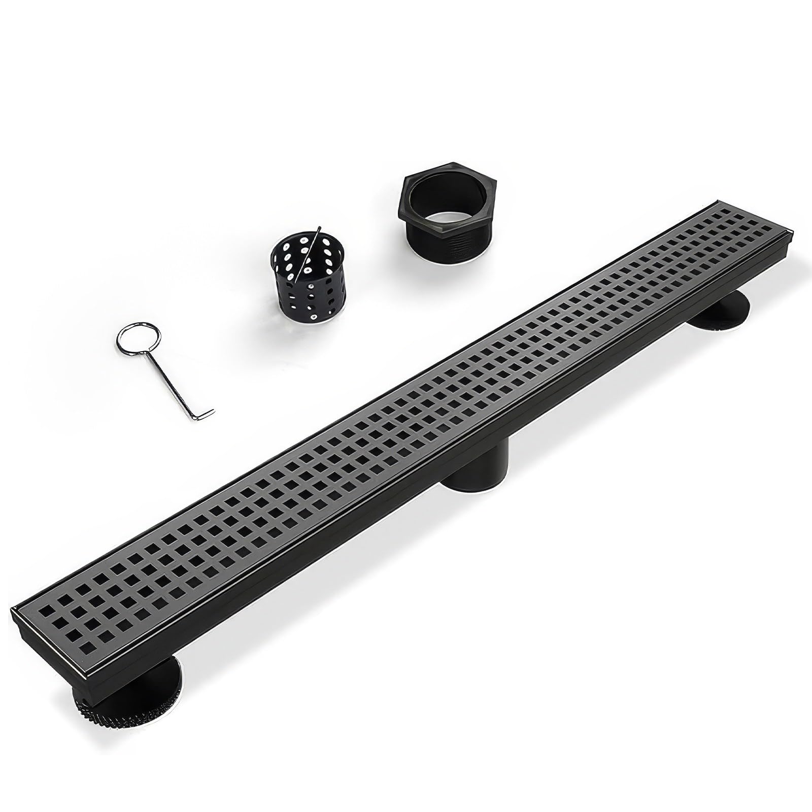Photo 1 of SaniteModar Linear Shower Drain, Matte Black Shower Drain 60 inch with Removable Grate,Brushed 304 Stainless Steel Shower Drain Include Hair Strainer,Adjustable Leveling Feet