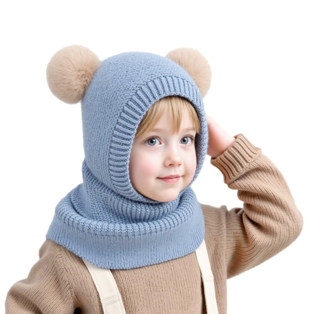Fuyao Women's Blue Toddler Girls Winter Warm Hat Scarf Baby Fleece Earflap Beanies With Double Pom Pom Windproof Skiing Cap For 1-5 Years Old Kids (Blue)