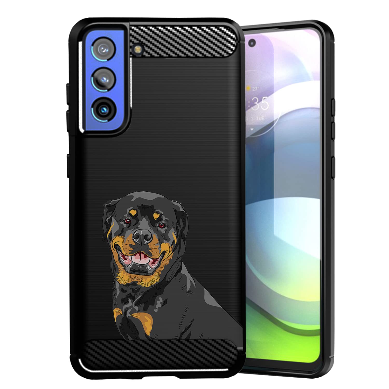 CasesOnDeck Dog Design Case Compatible with Samsung Galaxy S21 FE / S21 FE 5G - Slim TPU Flexible Matte Carbon Fiber Texture Cover (Rotweiler)
