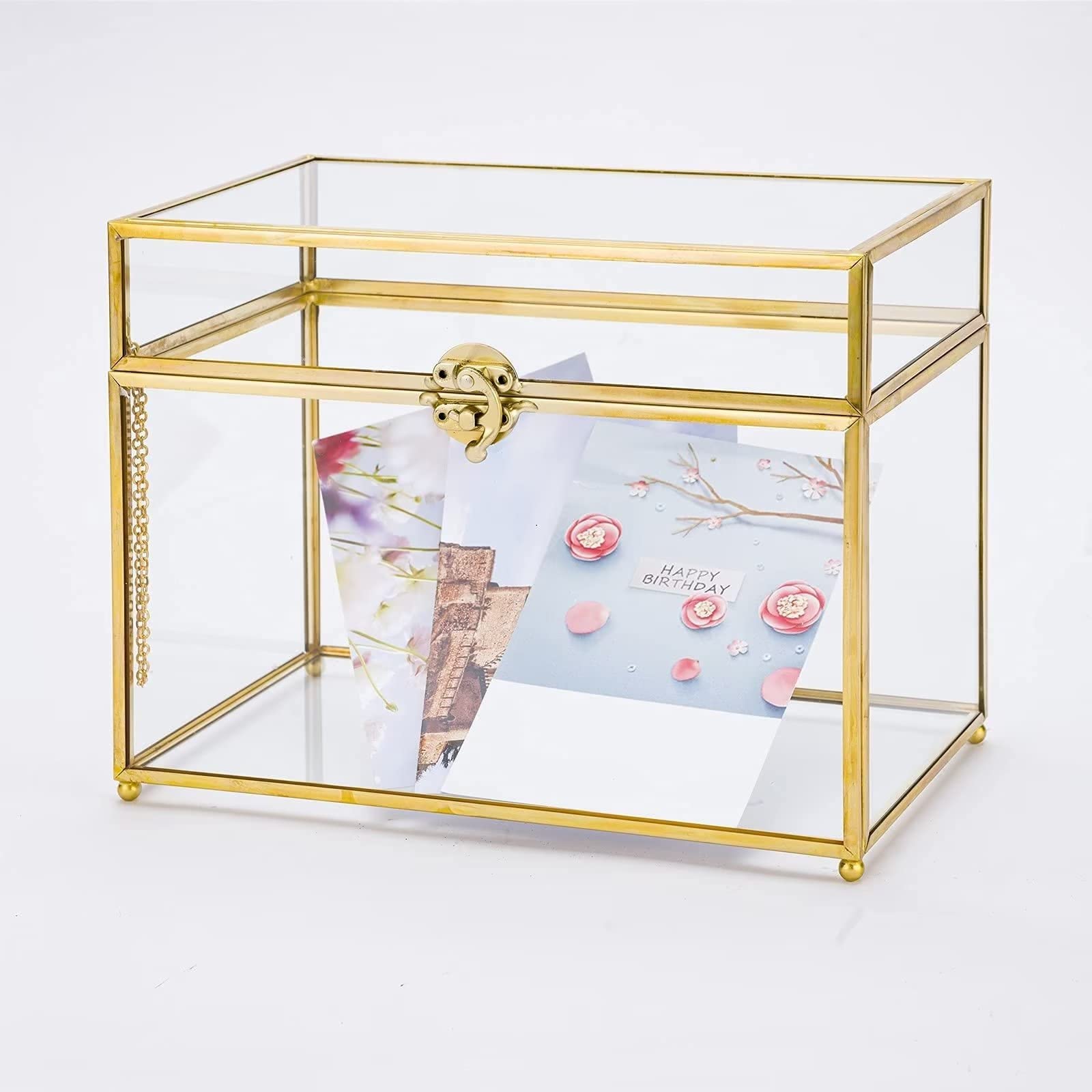 WHSLILR 10" Glass Card Box Wedding Card Box with Lock for Wedding Reception Cosmetic Home Decor, Handmade Large Geometric Terrarium with Hinged Lid, Brass Frame - (Gold/Transparent)