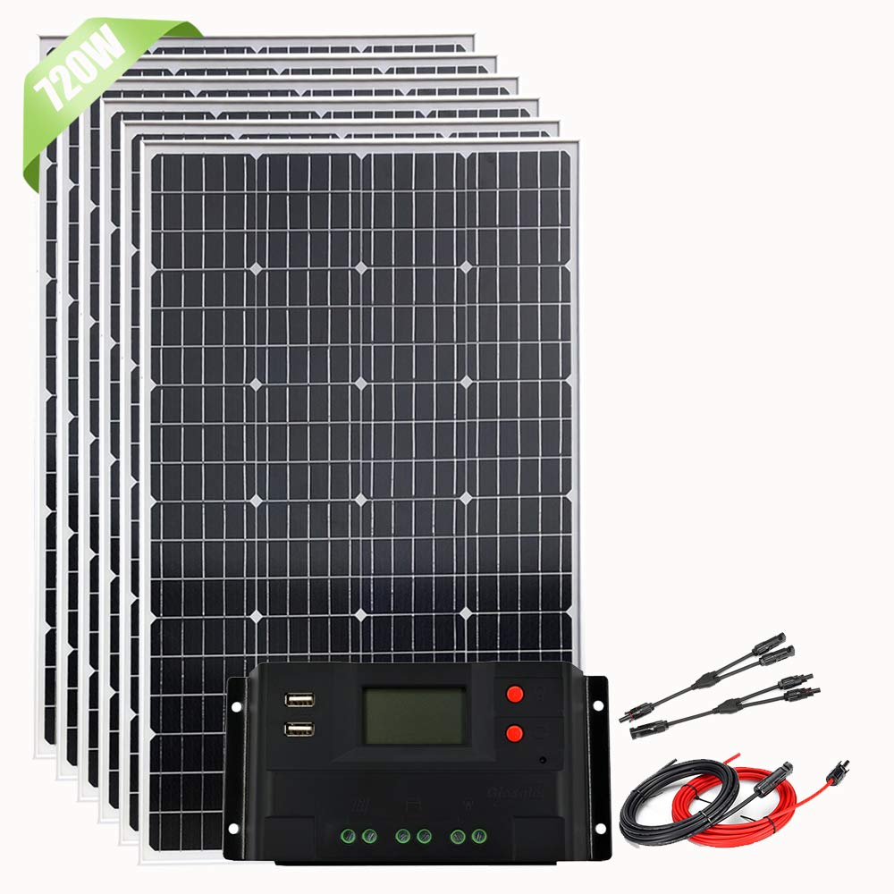 Giosolar720W Monocrystalline Solar Panel Kit for Caravan with 60A LCD Charge Controller + M/F Connectors + Cables for 12V/24V Battery Charge