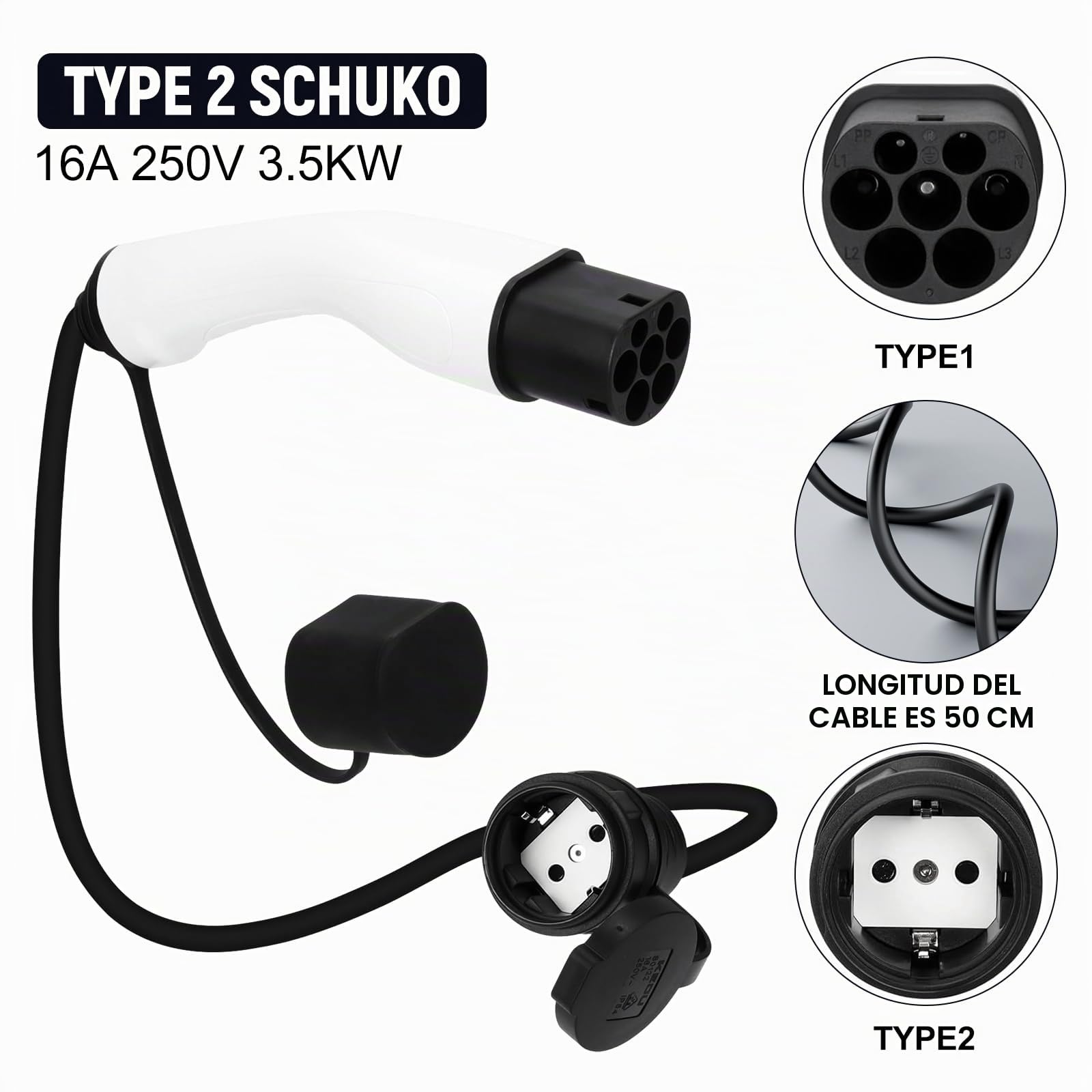 Cable de carga tipo 2 para EV, 3,5 kW 16 A 0,5 m 250 V cable de carga de coche eléctrico, tipo 2 a tipo 2 resistente al agua y a prueba de polvo, compatible con todos los modelos de tipo 2