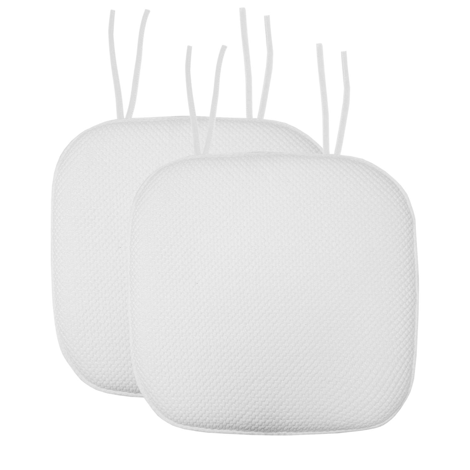 Sweet Home Collection Chair Cushion Memory Foam Pads with Ties Honeycomb Pattern Slip Non Skid Rubber Back Rounded Square 16" x 16" Seat Cover, 2 Pack, White