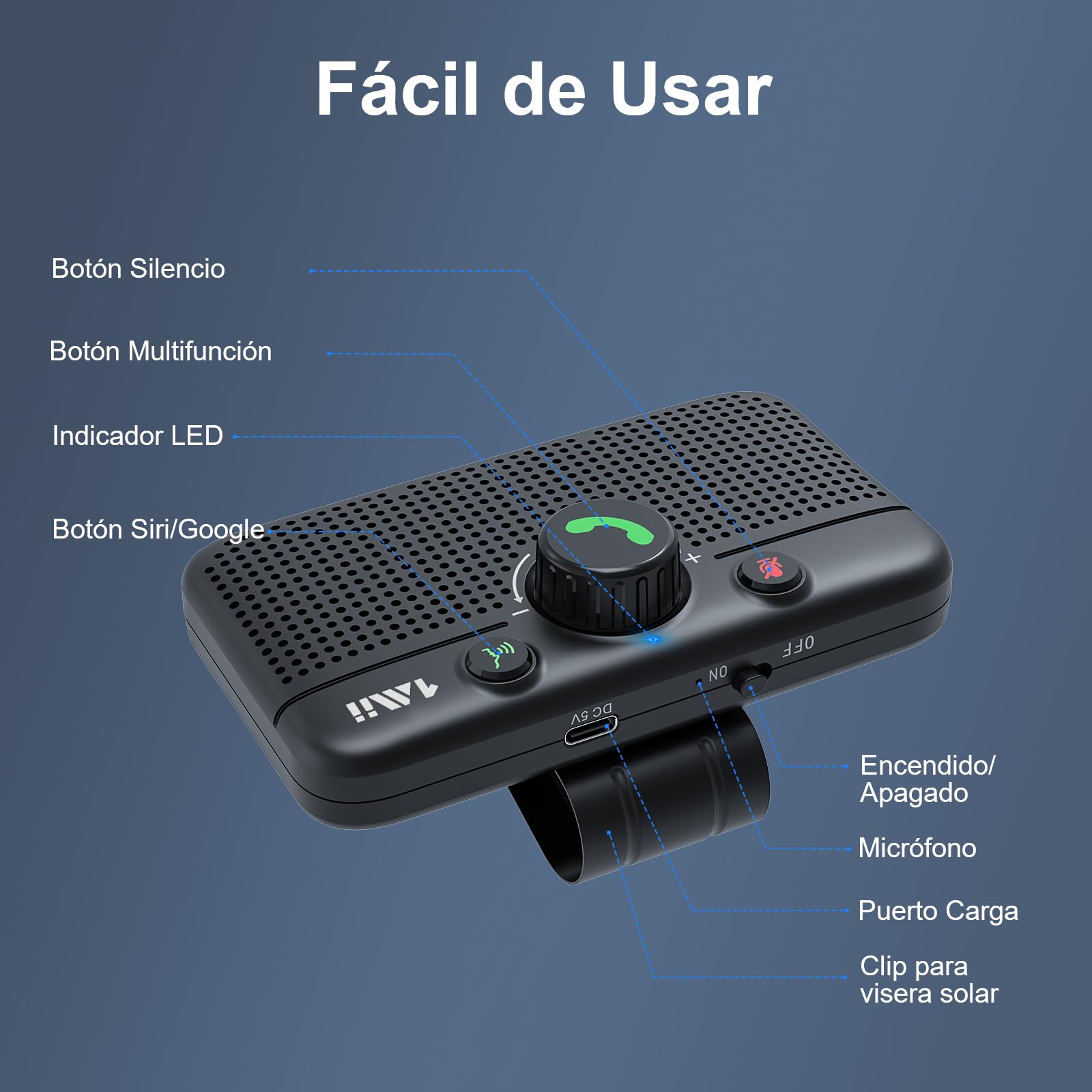 1Mii Manos Libres para Coche Bluetooth 5.3 con Siri y Google Assistant, Kit de Altavoz de 3W Inalámbrico para Llamadas, GPS, Conexión Dual Automática
