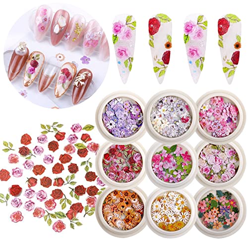 Maiousu Store 9 Boxes 450Pcs 3D Flower Nail Art Sequins Decals(Not Self-Adhesive Not Stickers) Colorful Mixed Flowers Leaves Design Slice Nail Flowers Ultra Wood Pulp Flakes Sequins(Type 3) #TOP3