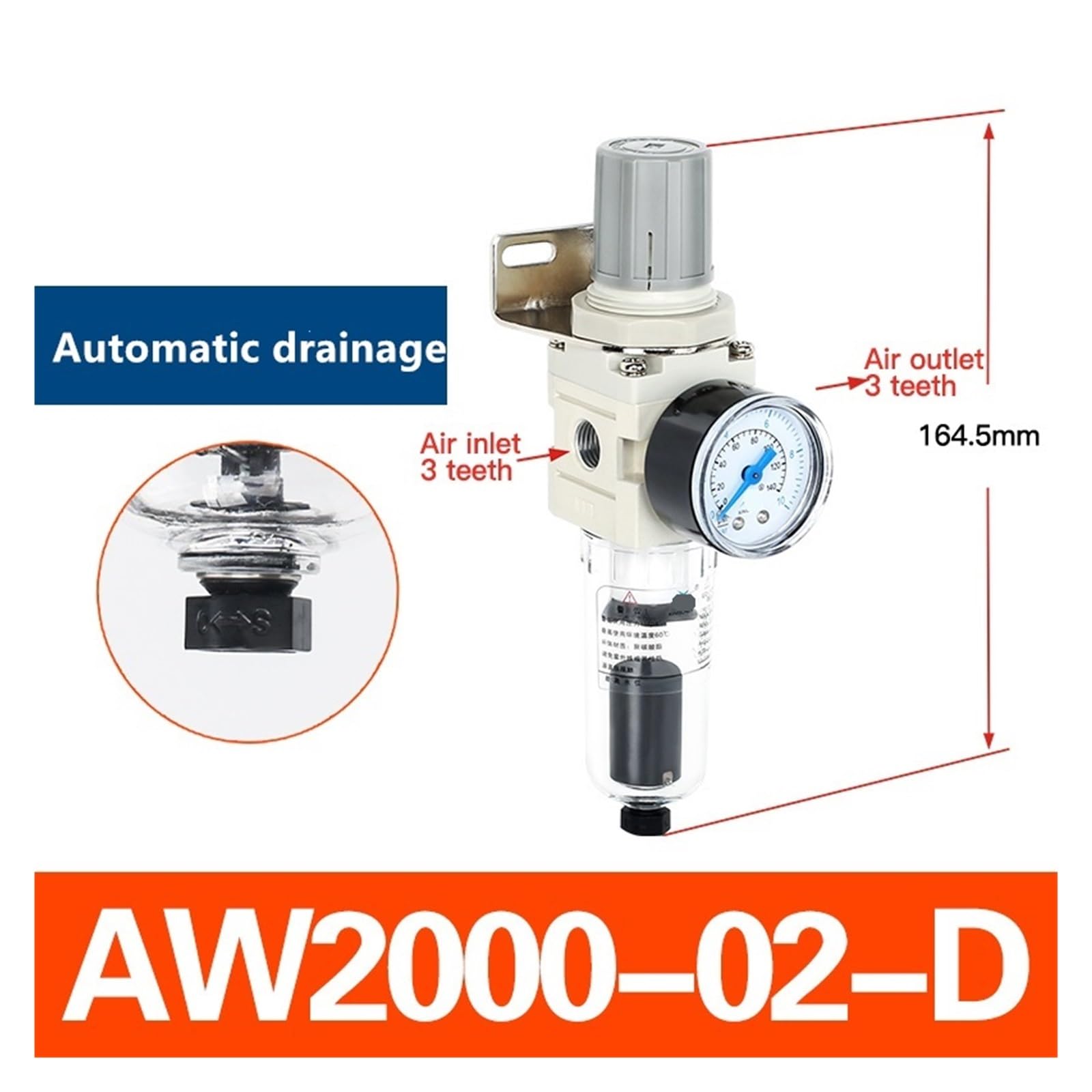 Procesador de fuente de aire, filtro AW, válvula reductora de presión, separador de aceite y agua, compresor de pintura, pistola, elemento único (AW2000-02D)